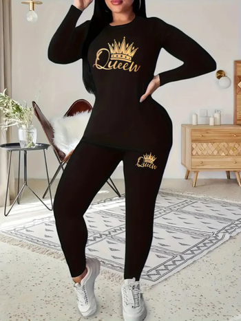 Κάουσιαλ σετ δύο τεμαχίων με εκτύπωση Gradient Crown Queen, μακρυμάνικος τοπ και παντελόνια, ύφασμα Milk Silk με 90–95% ελαστικότητα, Χειμώνας 2024