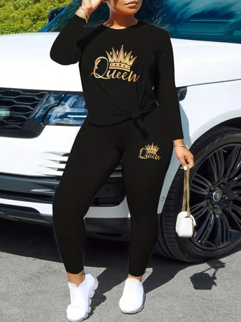 Κάουσιαλ σετ δύο τεμαχίων με εκτύπωση Gradient Crown Queen, μακρυμάνικος τοπ και παντελόνια, ύφασμα Milk Silk με 90–95% ελαστικότητα, Χειμώνας 2024