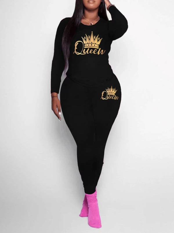 Кежуъл двучастов костюм с градиентен принт на кралска корона, топ с дълги ръкави и панталони, плат Milk Silk със 90–95% еластан, Зима 2024