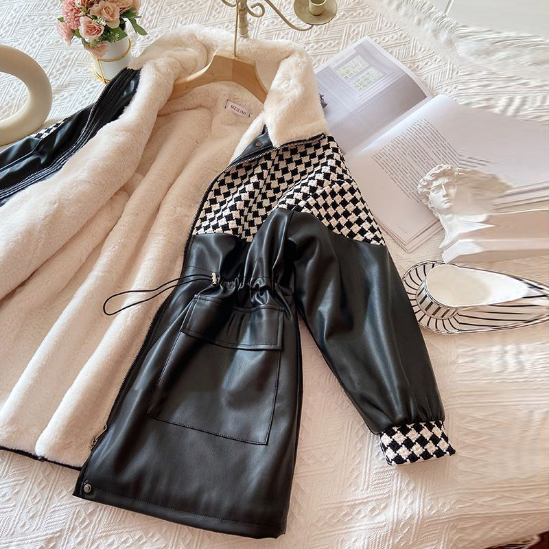 Palton PU pentru femei, patchwork în carouri, căptușeală din blană artificială, umplutură din mătase și fibre poli polyester, lungime medie, mâneci 3/4, stil prințesă, iarnă 2023