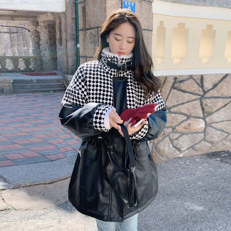 Palton PU pentru femei, patchwork în carouri, căptușeală din blană artificială, umplutură din mătase și fibre poli polyester, lungime medie, mâneci 3/4, stil prințesă, iarnă 2023
