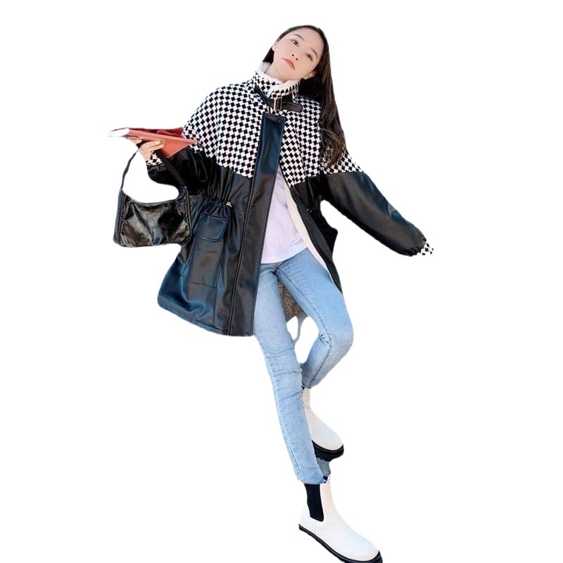 Palton PU pentru femei, patchwork în carouri, căptușeală din blană artificială, umplutură din mătase și fibre poli polyester, lungime medie, mâneci 3/4, stil prințesă, iarnă 2023