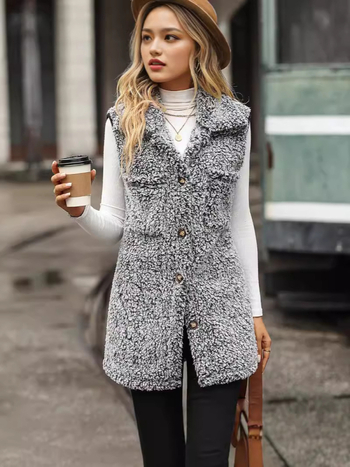 Bez piedurknēm kardigan veste ar apkakli, gara siluete, burbuļu velūra audums