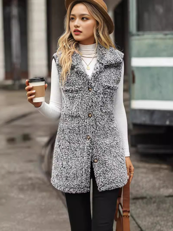 Bez piedurknēm kardigan veste ar apkakli, gara siluete, burbuļu velūra audums