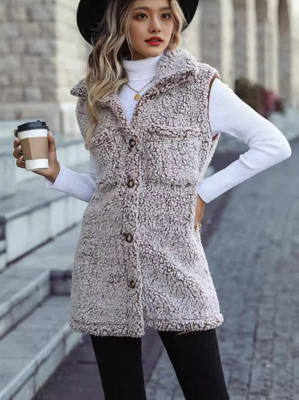 Bez piedurknēm kardigan veste ar apkakli, gara siluete, burbuļu velūra audums