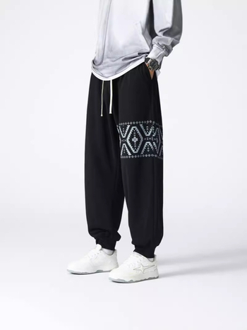 Ανδρικά παντελόνια σπορ-καθημερινά - φαρδιά γραμμή, με μανσέτες, κορδόνι μέσης (γεωμετρικό μοτίβο; πολυεστέρας; φθινοπωρινή)