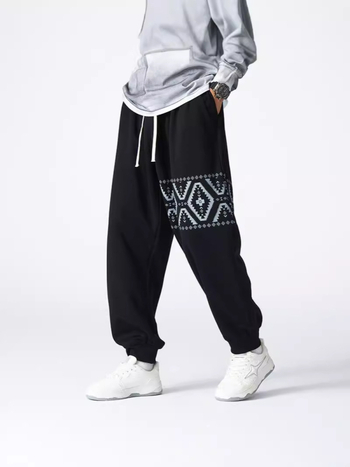 Ανδρικά παντελόνια σπορ-καθημερινά - φαρδιά γραμμή, με μανσέτες, κορδόνι μέσης (γεωμετρικό μοτίβο; πολυεστέρας; φθινοπωρινή)