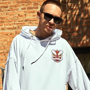 Oversized φούτερ με κουκούλα, φλις επένδυση, σε στυλ Χονγκ Κονγκ, εκτύπωση καρτούν, χαλαρή γραμμή, για άνδρες