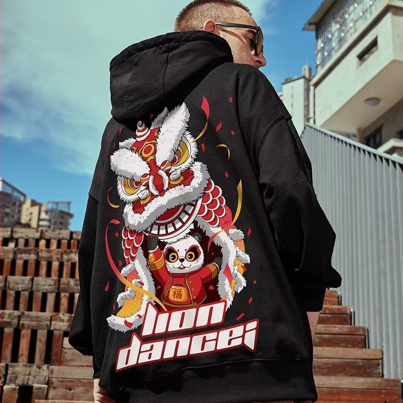 Oversized φούτερ με κουκούλα, φλις επένδυση, σε στυλ Χονγκ Κονγκ, εκτύπωση καρτούν, χαλαρή γραμμή, για άνδρες