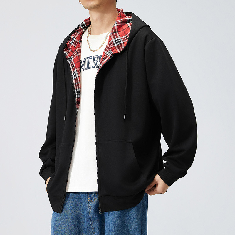 Kapucnis kardigán, laza szabású, panel dizájn és kontrasztos részletek, poliészter anyag, hosszú ujjak