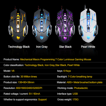 Thunderwolf V6 жична гейминг мишка с оптичен сензор 3200 DPI, 6 клавиши, ергономичен дизайн