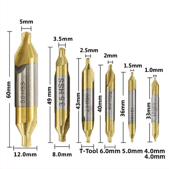 Комплект центрови свредла, високоскоростна стомана, титаново покритие на двата края, 6/7-частен комплект, 60° ъгъл