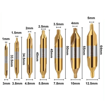Комплект центрови свредла, високоскоростна стомана, титаново покритие на двата края, 6/7-частен комплект, 60° ъгъл