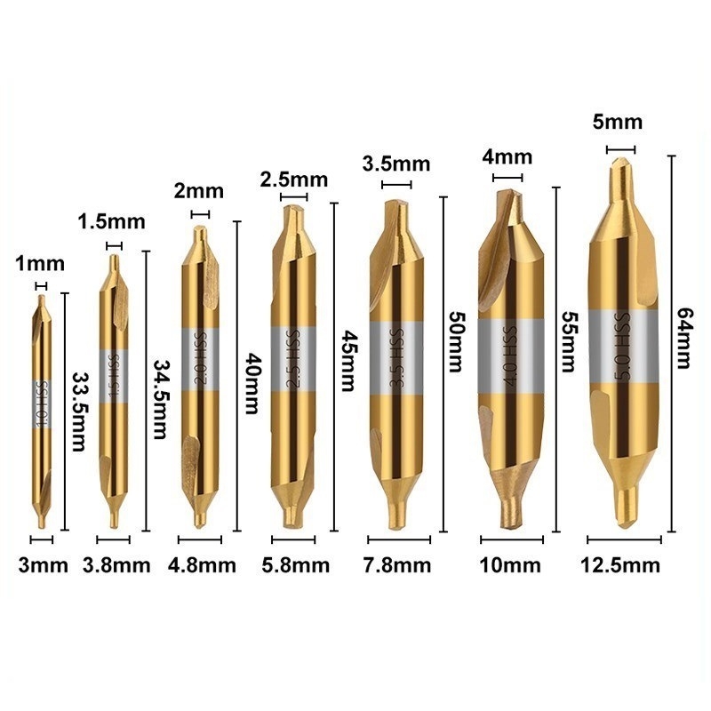 Комплект центрови свредла, високоскоростна стомана, титаново покритие на двата края, 6/7-частен комплект, 60° ъгъл