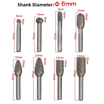 HP комплект глави за шлифоване от волфрамова стомана (8 бр.) 60 мм въртящи се глави, 8 типа глави, двойни зъби