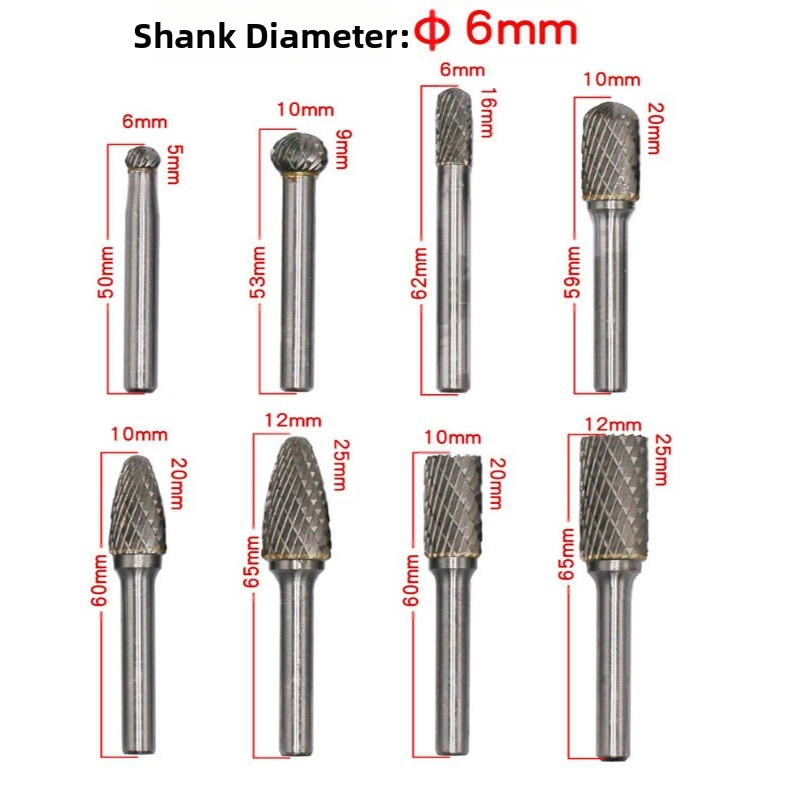 HP комплект глави за шлифоване от волфрамова стомана (8 бр.) 60 мм въртящи се глави, 8 типа глави, двойни зъби