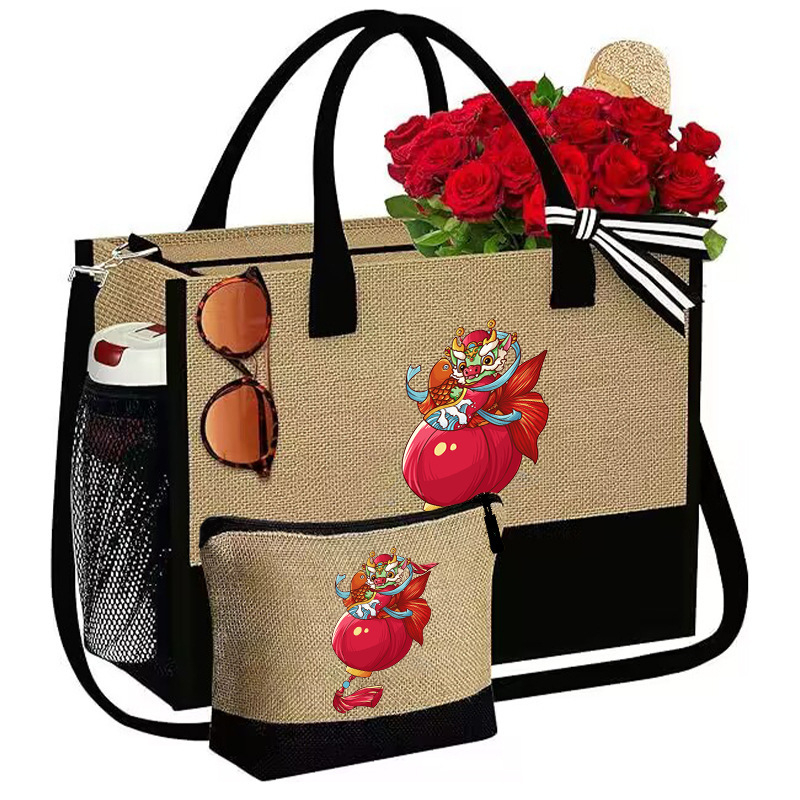 Дамска чанта от ленено-смесена тъкан с цип, градски семпъл стил, хоризонтална квадратна форма, вътрешен джоб с цип.