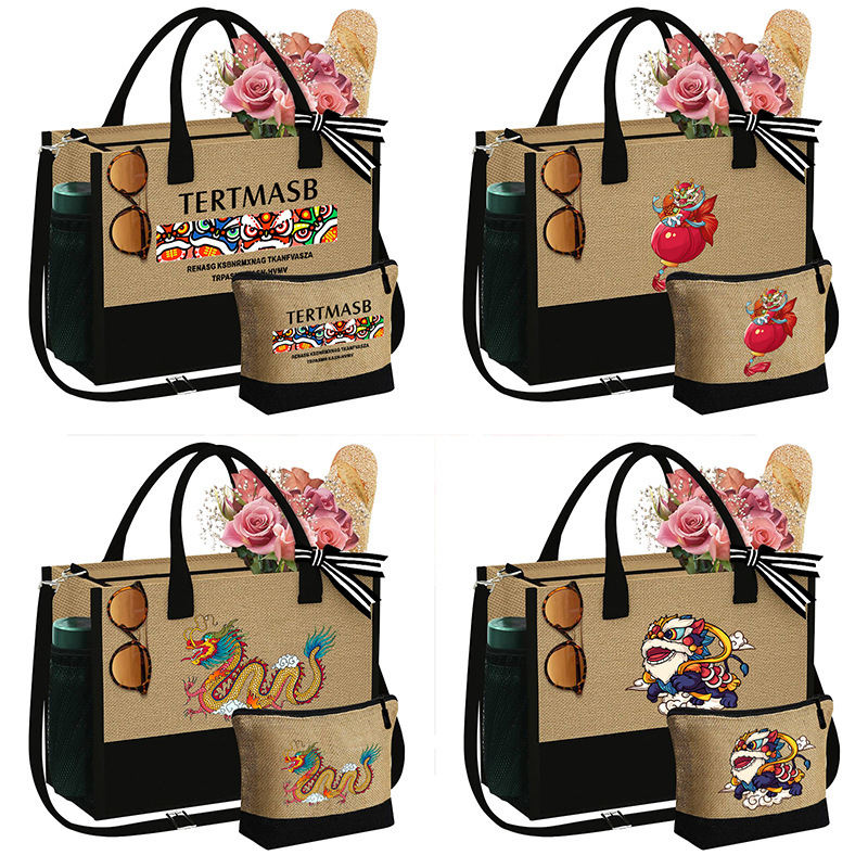 Дамска чанта от ленено-смесена тъкан с цип, градски семпъл стил, хоризонтална квадратна форма, вътрешен джоб с цип.