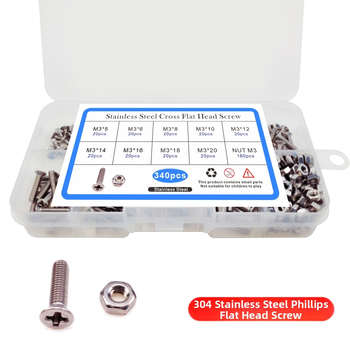 Комплект винтове, гайки и болтове, 340 бр., неръждаема стомана 304, клас A2-70, винтове с потъваща плоска глава, GB819