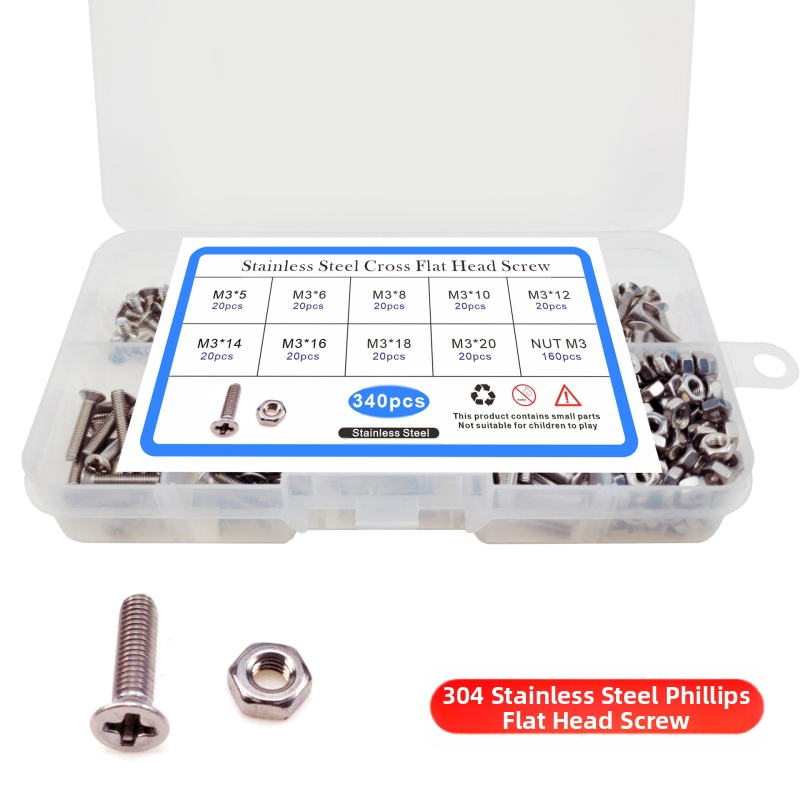 Комплект винтове, гайки и болтове, 340 бр., неръждаема стомана 304, клас A2-70, винтове с потъваща плоска глава, GB819