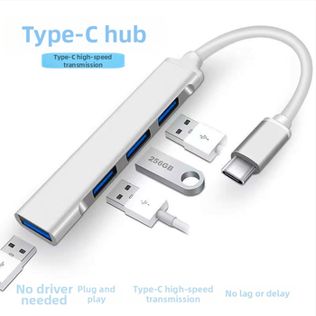 USB-C 4-port USB 3.0 hubas nešiojamojo kompiuterio dokavimo stotis, aliuminio korpusas, be išorinio maitinimo