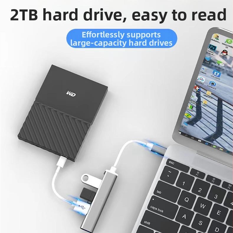 USB-C 4-portový USB 3.0 hub, dokovacia stanica pre notebook, hliníkové puzdro, bez vonkajšieho napájania