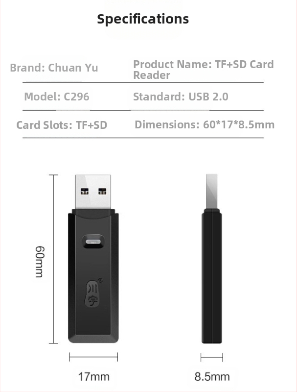 Chuanyu C296 USB 2.0 читач за карти с двойни слотове SD/TF, 2-в-1 SD/TF четец
