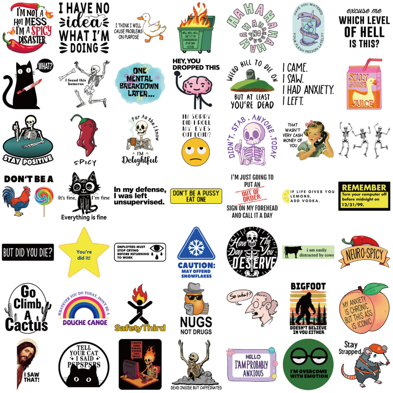 Set od 50 vodootpornih naljepnica s meme-graffiti dizajnom, samoljepljive, tiskane, za bilježnice, šalice i prtljagu