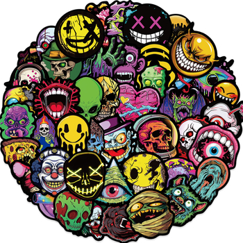 50 броя стикери с графити: ужасни лица и черепи, водоустойчиви, самозалепващи; за скутер, куфар на тролей и мотоциклетна каска; марка Tu Yu; стил мил; изработка: печат; IP лиценз: няма