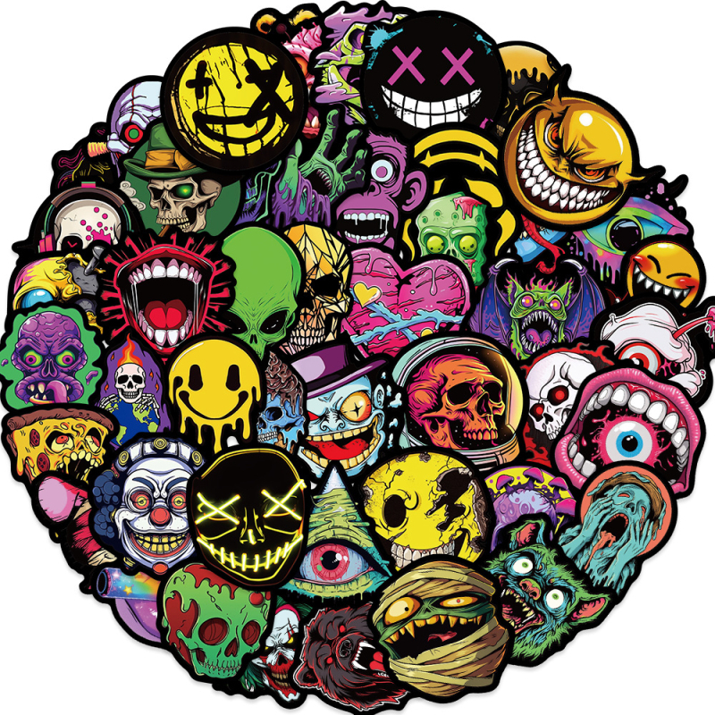 50 броя стикери с графити: ужасни лица и черепи, водоустойчиви, самозалепващи; за скутер, куфар на тролей и мотоциклетна каска; марка Tu Yu; стил мил; изработка: печат; IP лиценз: няма