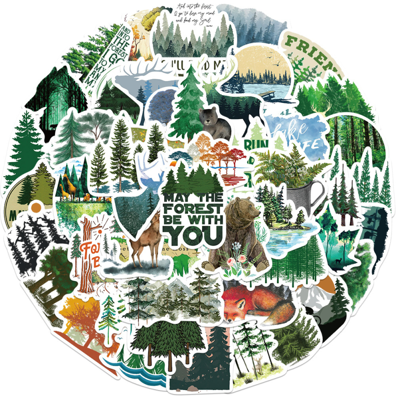 Стикери за декорация – 50 бр., тема горска графити, водоустойчиви, самозалепващи, за китари и куфари, процес на печат, стил Nordic