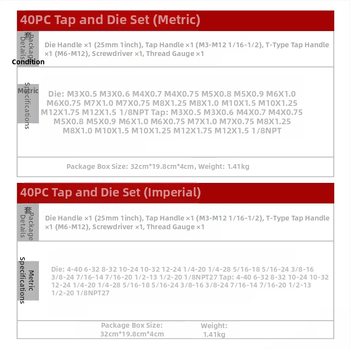 God Super Σετ 40 τεμαχίων για μετρικές και ιντσών, Τάπ και Ντι, με χειρο Tap Wrench