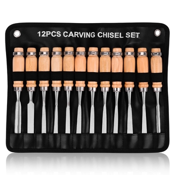 Medienos apdirbimo kaltai iš chromo-vanadžio plieno su kietmedžio rankena – pilnas komplektas plokščių ir kampinių kaltų