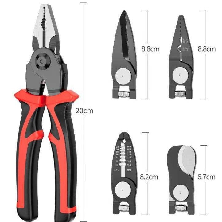 Пет в едно: набор клещи със сменяеми глави за обелване на кабели, прерязване и разкъсване, инструментална стомана, тегло 0.9