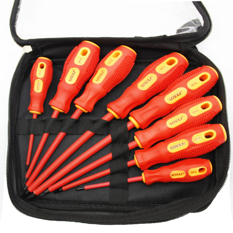 8-частен комплект изолирани отвертки за електротехници с магнитни върхове, устойчиви на високо напрежение, гумена ръкохватка, върхове от Cr-V стомана