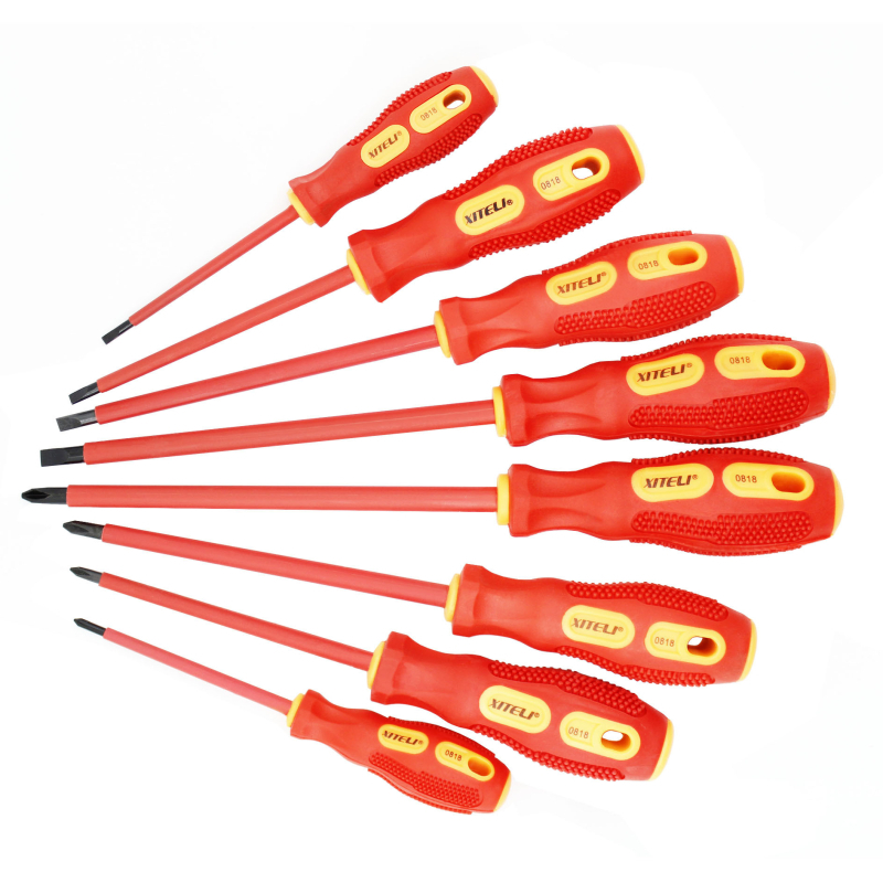 8-частен комплект изолирани отвертки за електротехници с магнитни върхове, устойчиви на високо напрежение, гумена ръкохватка, върхове от Cr-V стомана