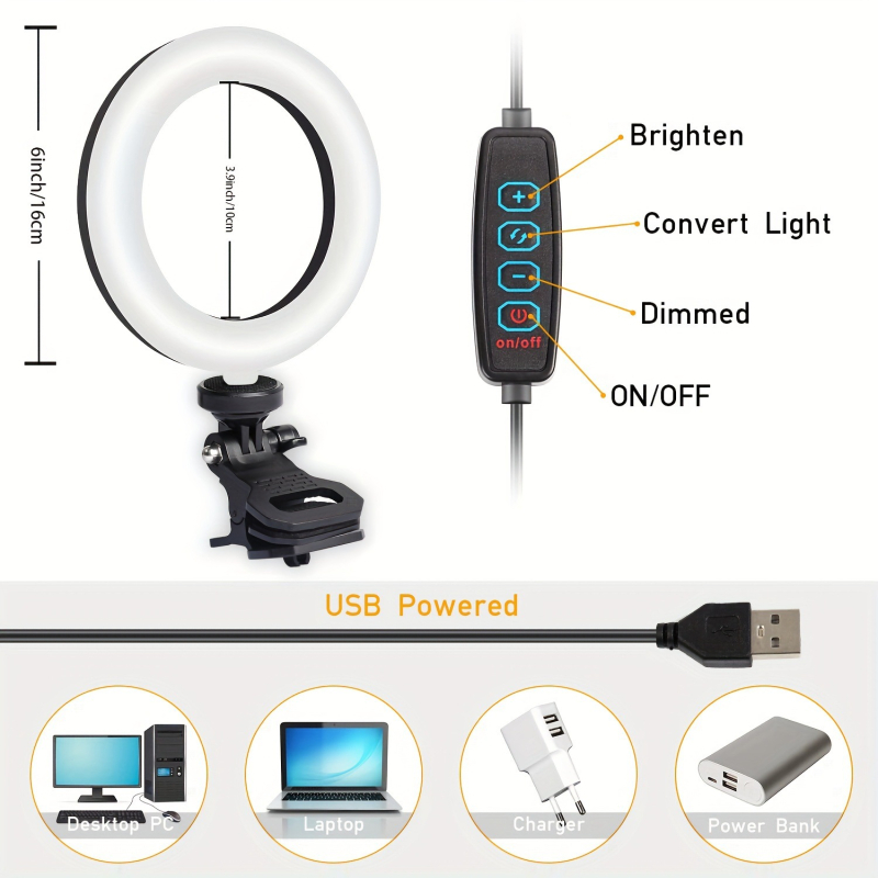 Ring light για smartphone - Κλιπ LED φωτιστικό για βίντεο και selfie, ρυθμιζόμενο, USB 5V, πλαστικό αμπαζούρ