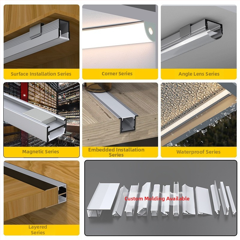 LED лента светлина, У-образен дизайн с открит монтаж, твърд корпус за LED лента, модел L054, алуминиева сплав + пластмасов абажур, повърхност оксидация, за вътрешно осветление