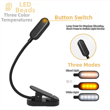 LED lampa ar klipu lasīšanai ar USB, pārnēsājama galda lampa acīm droša, modelis 8036, plastmasas abažūrs, pogas slēdzis, spriegums ≤36V