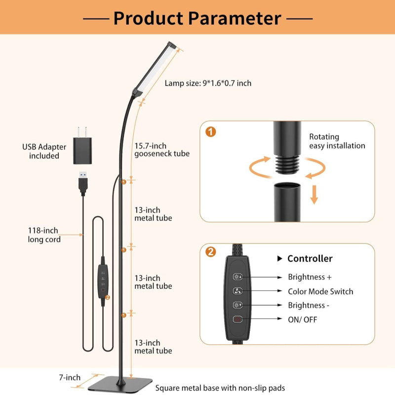 LED λαμπτήρας δαπέδου με αλουμινένιο σκίαστρο, σκανδιναβικό στυλ, διακόπτης τύπου κουμπιού, CRI ≥98
