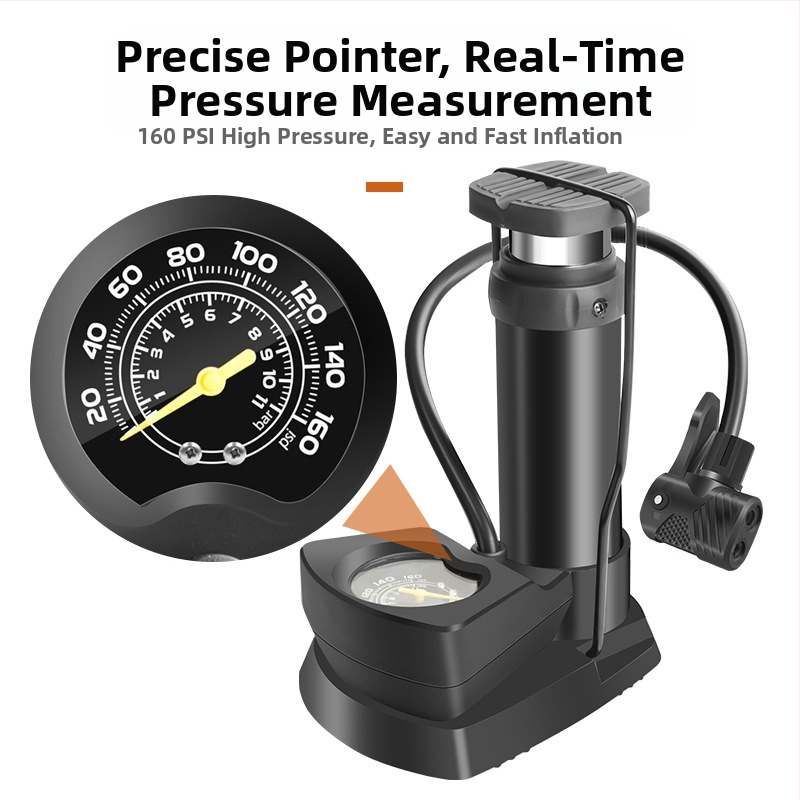Педална въздушна помпа за автомобили, велосипеди, мотоциклети и електрически превозни средства — високо налягане, едноцилиндрова, 25 л/мин, с манометър