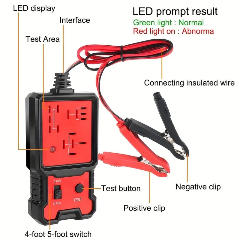 Automašīnas releja testētājs un releju analizer 4/5 kontaktu, barošanas spriegums 12–24V, darba temperatūra 50°C