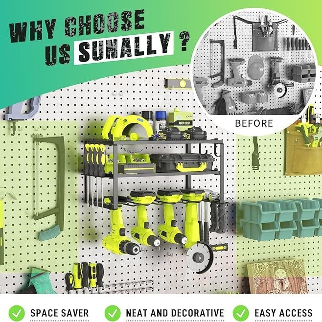 Fali szerszámtároló állvány, szénacélból, 3 szinttel, csavaros rögzítés, többfunkciós tartó