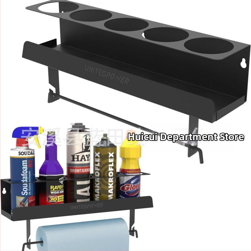 Стенно монтирана двуетажна метална етажерка за аерозолни спрейове и кърпички — модерна минималистична, с винтов монтаж, мултифункционална за гараж, работилница и дом