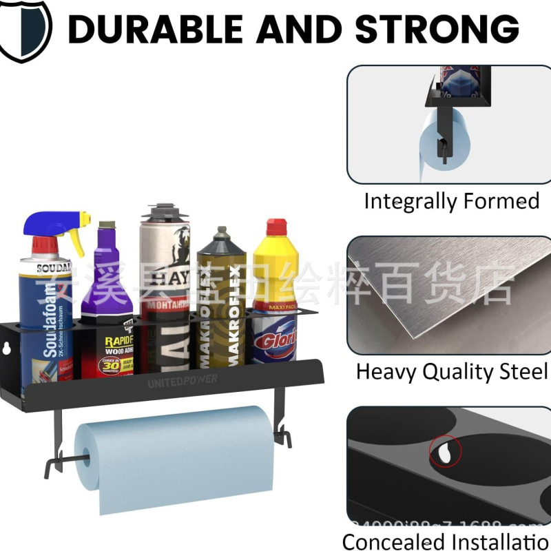 Стенно монтирана двуетажна метална етажерка за аерозолни спрейове и кърпички — модерна минималистична, с винтов монтаж, мултифункционална за гараж, работилница и дом