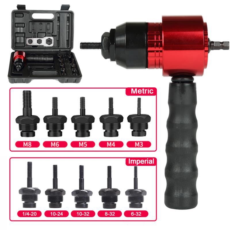 Глава за конвертиране на електрически клепател към бормашина, едноруко управление, алуминиева сплав, диаметър на клепа M3–M8, 10 глави, ръчно захранване