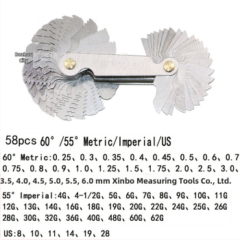 Jinggong калибър за резби, 58-елементен комплект, 60° резбов ъгъл, британски и американски стандарт, обхват 0.25–6, неръждаема стомана