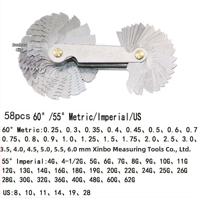 Jinggong калибър за резби, 58-елементен комплект, 60° резбов ъгъл, британски и американски стандарт, обхват 0.25–6, неръждаема стомана