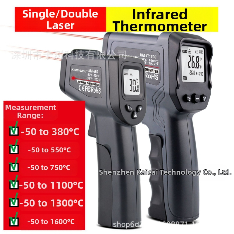 Υπέρυθρο θερμόμετρο/πιστόλι μέτρησης θερμοκρασίας για υψηλές θερμοκρασίες, εύρος -50 έως 380°C και μέχρι 1600°C, χρόνος απόκρισης 500 ms, μπαταρία AAA/9V, Card test.