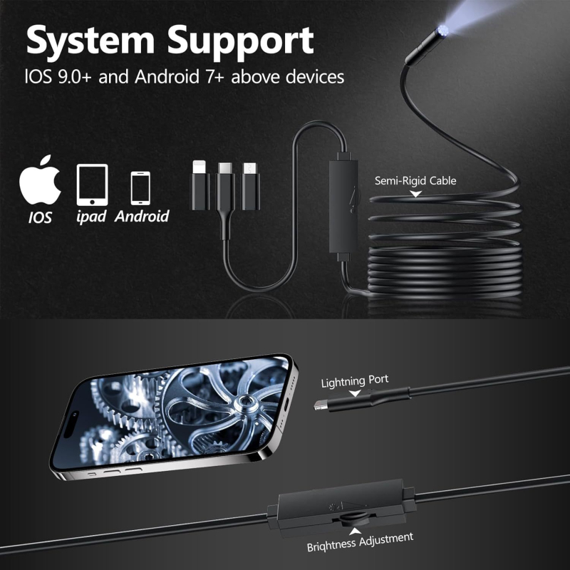 Jade YS105 industrijski boreskop za inspekciju cijevi i automobila, IP67 vodootporan, 1440P, spojen sa pametnim telefonom, LED rasvjeta